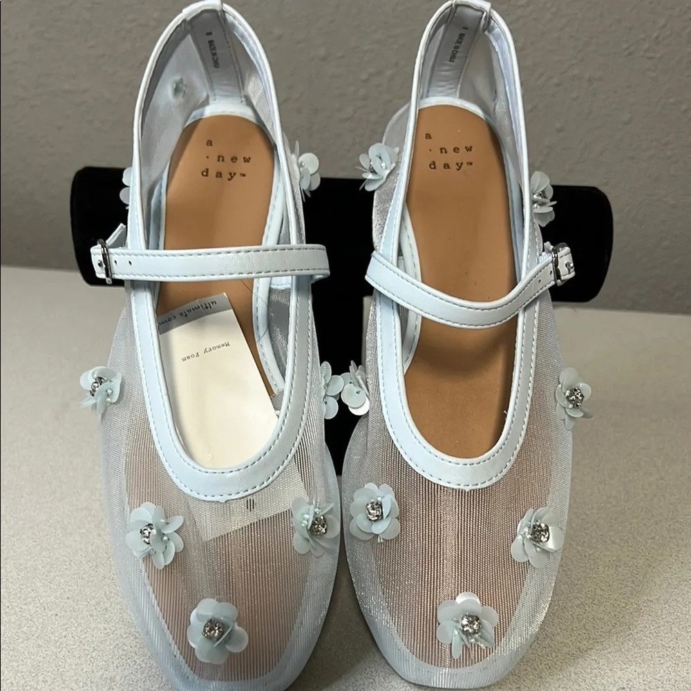 A New Day Light Blue Sheer Floral Flats - Picture 1 of 7